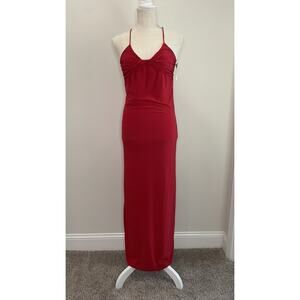 NWT Vintage Ibisco XS Y2K Red Prom Dress Maxi Gown 90s Glam Wedding V Neck Strap